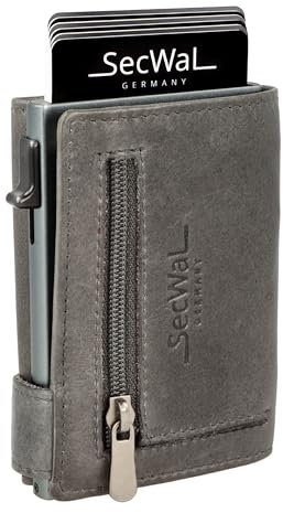 SecWal Kartenetui mit Münzfach Reißverschluss - Made in Germany - Echtleder Geldbörse inkl. E-Book für Damen und Herren - RFID Schutz Portemonnaie Leder - Geldbeutel klein (Vintage Grau)