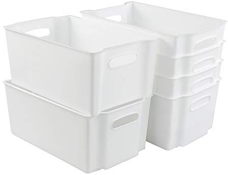 Sosody Plastic Freeze Stacking Storage Box, White Shelf Storage Basket Bin, Set of 6