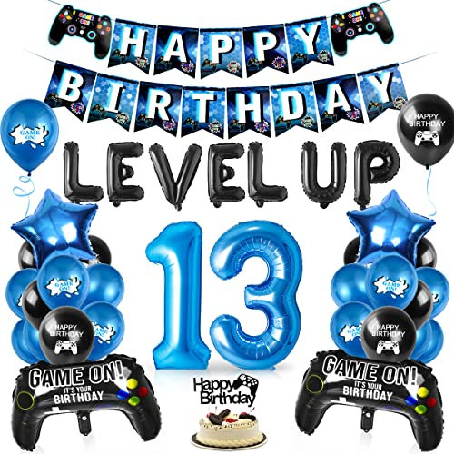 Videospiel Luftballon 13. Geburtstag Blau, Geburtstag 13 jahre Junge Spiel, Ballons Blau Schwarz, Zahl 13 Folienballon, für Kinder Junge Geburtstag Party Dekoration