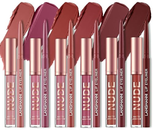 12 Stück Matter flüssiger Lippenstift+ Lipliner Stifte Make up Set One Step Lips Make-up-Kits Pigment Velvety Nude Lip Stain Wasserdicht Langlebig Lipgloss Make-up Geschenkset