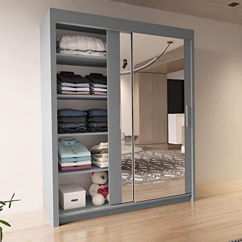INTERWOOD Modern Full Mirror 2&3 Sliding Doors Wardrobe With Adjustable Shelves, Hanging Rails, Bedroom Furniture (Grey 150cm)