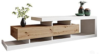 Mirjan24 TV Lowboard Lofor, 2 Schubladen, Grifflose Öffnen, TV Board Sideboard, Fernsehschrank, Unterschrank, TV Tisch, Fernsehtisch (Weiß/Wotan)