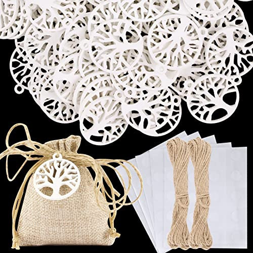 FLOFIA 100 Stück Lebensbaum Deko Anhänger Lebensbaum Klein Weiß Holzanhänger für Taufe Deko Erstkommunion Abschluss Hochzeit Weihnachten DIY Geschenke Rund