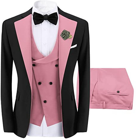 Sliktaa Completo da uomo, 3 pezzi, con un bottone, slim fit, formale, per matrimoni, cene, blazer, gilet e pantaloni, multicolore, rosa, S