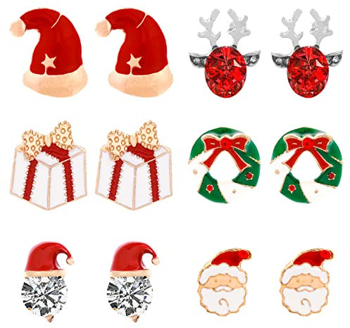 6 Paar Weihnachten Ohrringe Set Weihnachtsohrringe für Damen Kristalledelsteine Weihnachtsmann Weihnachtsmütze Luxus Rentiergeweih Weihnachtsohrringe Ohrstecker Mädchen Festliche Ohrringe