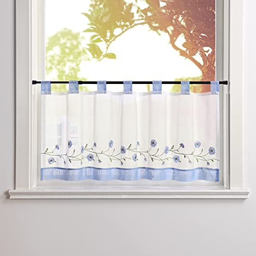 SCHOAL Scheibengardine Voile Bistrogardinen mit Schlaufen Küche Gardinen Transparent Stores Vorhänge Kurzgardine Bestickt Blumenmotiv HxB 45x120cm Blau #2 1 Stück