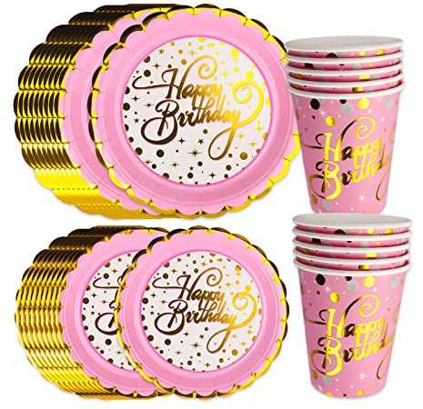 Rosa Gold Geburtstag Pappteller, 30Pcs Happy Birthday Partygeschirr Set, Pappbecher Pappteller Happy Birthday Teller Partyzubehör, für Kindergeburtstag Junge Mädchen Party Papiergeschirr Tischdeko