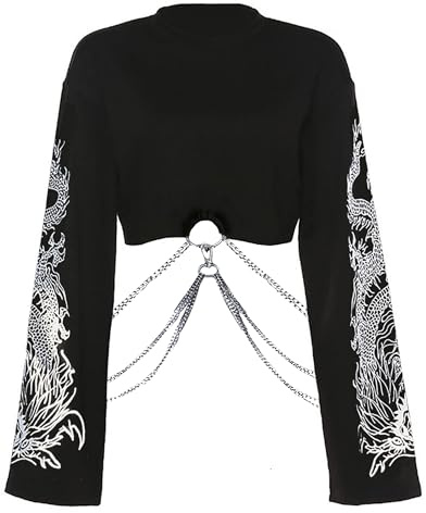 DINGJIUYAN Gothic Hoodies Y2k Punk Emo Shirts Alt Clothes Kawaii Long Sleeve Printing Pullover