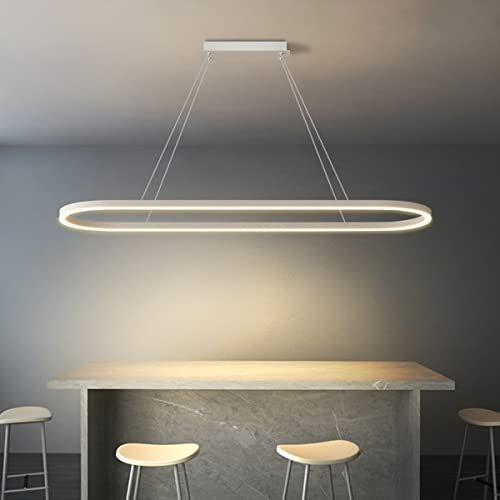 LED Büro Pendelleuchte Modern Ovales Desig Esstisch Hängeleuchte dimmbar mit Fernbedienung Pendellampe Hoehenverstellbar Deckenlampe für Büro Esstisch Arbeitszimmer (Weiß, L120cm/42W)