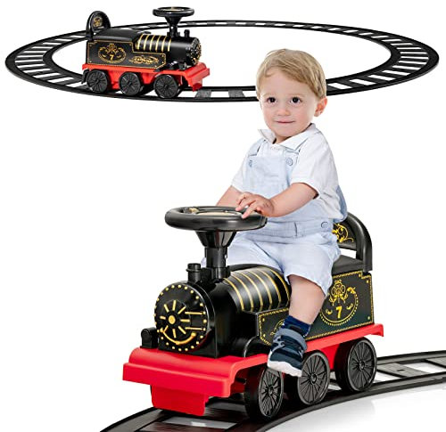 DREAMADE Train de Porteur Bébé Électrique avec 16 Pistes, Voiture à Pousser avec Lumières et Sons,Espace caché sous Le Siège, Cadeau de 3 Ans + (Noir et Rouge)