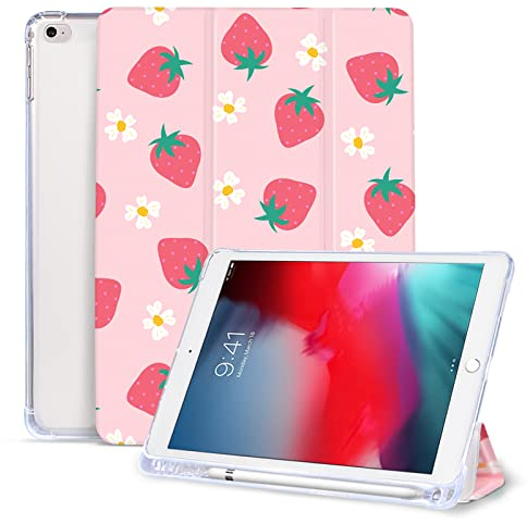 Vozehui 9.7 inch iPad 6/5th Gen Case with Pencil Holder, Strawberry/Smiley Face Tri-fold Stand, Auto Sleep/Wake