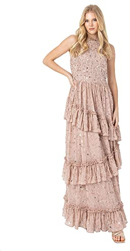 Maya Deluxe Damen Womens Maxi Dress Ladies Embellished Ruffle Sleeveless Tie Back Dress for Wedding Guest Bridesmaid Prom Evening Occasion Kleid, Taupe Blush, 50