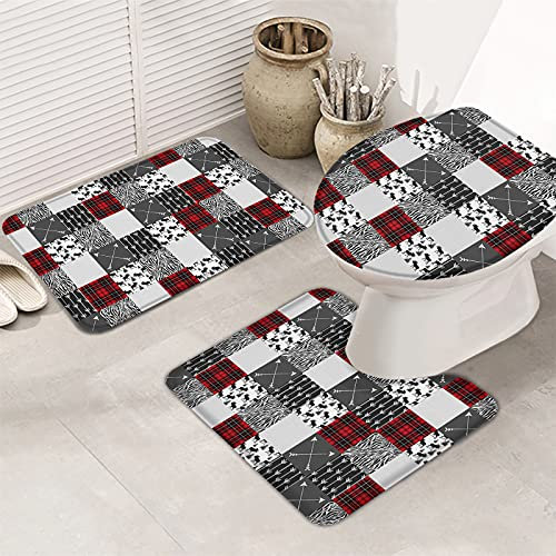 Badematten Set 3 Teilig Geometrie-Karo-Patchwork-Elch-Retro-Pfeil-Zebra-Druck Anti-Rutsch Contour Badteppich Weiche Wc-Sitzbezug Badvorleger