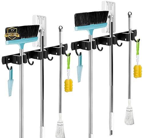 AceMining Besenhalterung Wand, 2 Pack 3 Halter + 4 Haken Besenhalter, Besenhalterung Edelstahl, Schwerlast Wandhalterung Besen, Besenhalterung Wand Selbstklebend