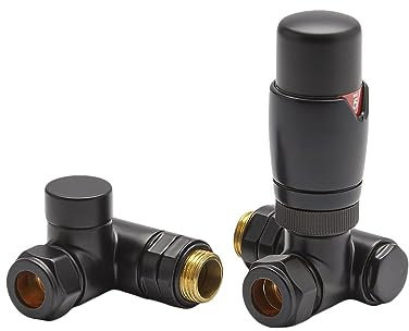 Milano Black Thermostatic Dual Fuel Corner Heated Towel Rail Radiator Valves