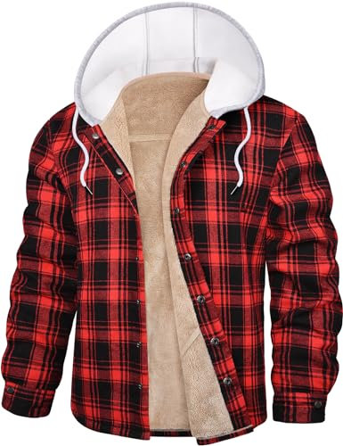 UMIPUBO Felpa Uomo Felpa con Cappuccio Fodera in Pile Invernale Giacca Flanella Plaid Boscaiolo Spesso Camicia con Bottone Cotone Caldo Cappotto Hoodies Sweatshirt con Tasche (Nero+Rosso, XL)