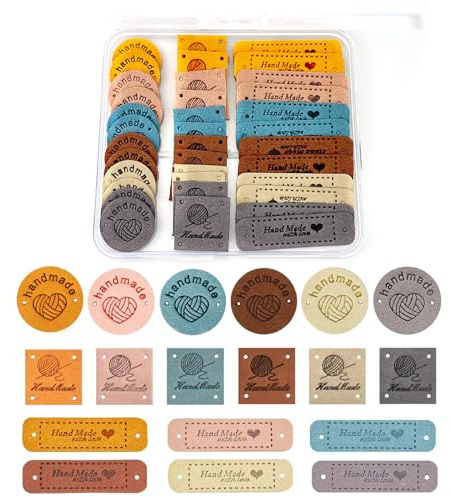 36stk Handgefertigte Lederetiketten, Handmade Annähen Labels, PU Leder Nähen Etiketten Handgemacht Tags mit Löchern Mikrofaser Kleideretiketten Geprägte Stricken Tag, für DIY Näharbeit Dekor(6 Farben)
