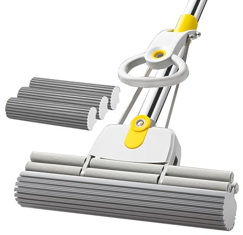 Fregona De Esponja, Mopas De Limpieza Suelos, Atrapapolvo Fregona 43cm Fregona Rodillo De 2 Hileras Extra Grande Limpiar Pisos De Baldosas Y Madera, 135cm Largo Mango(3 Heads)