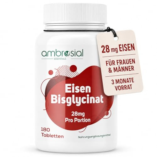 Ambrosial Eisenbisglycinat Tabletten | 180 Tabletten | 28 mg Eisen pro Tablette | 3 Monate Vorrat | Für Frauen und Männer | Eisen trägt zu einem normalen Energiestoffwechsel bei (EFSA)