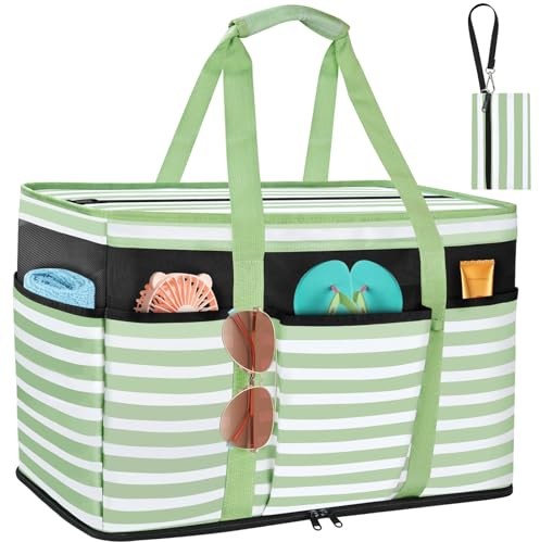 TEUEN Extra Große Strandtasche mit Reißverschluss, Streifen Wasserdicht Strandtasche XXL Familie Badetasche Damen Beach Tote Bag Shopper für Strand Pool Reisen Fitnessstudio Einkaufen (45L)