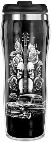 Pixly® Skull & Rose Thermal Travel Mug Coffee Tea Flask, 400ml/14oz Capacity, Funny Joke Fun Gift for Him Her, Black