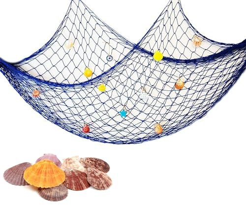 Fischernetz Deko, Mediterranen Stil Fischerei Dekorative mit Farbigen Muscheln, Thema Dekor für Party Home Wohnzimmer Schlafzimmer mediterranen Stil Dekor Wanddekoration,Circa 150 x 200 cm (Blau)