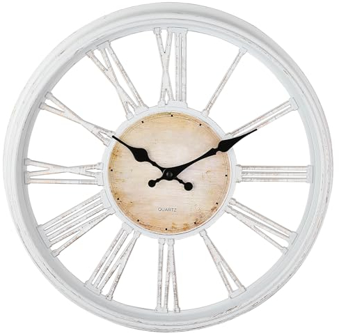 DIYZON Vintage Wanduhr 40 cm im Klassischen Stil, Römischen Ziffern, Moderne Uhr, Batteriebetrieben für Zuhause Geräuschlose, Nicht Tickende Uhren für Wohnzimmer Schlafzimmer Küchenwanduhr (Weiß)