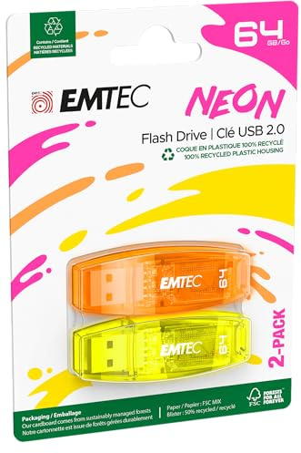 EMTEC C410 Neon 64GB Flash Drive - USB 2.0 - Transparent Neon mit Kappe, 2 Stück