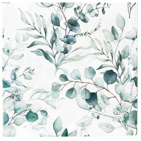 Weiß Servietten Eukalyptus Grün Hochzeit Servietten, 2-lagig, 33x33cm, Grün Party Baby Shower Dinner Papierservietten Tischdekoration, insgesamt 80 Stück