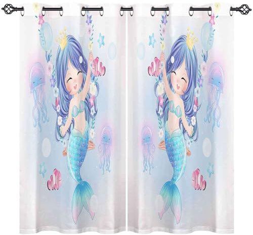 ANHOPE Ozean Tier Meerjungfrau Vorhänge mit Ösen Blickdichte Gardinen Thermo Vorhang Blackout Curtain Schlafzimmer Wohnzimmer Kinder Mädchen Verdunklungsvorhänge 2er Set H 160 x B 107 cm