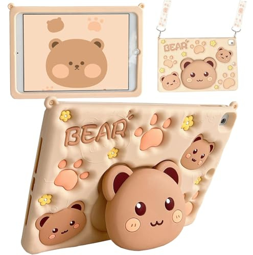 Vorhcaum for Galaxy Tab A9 Case 8.7 inch 2023 Kids Girls Cute 3D Kawaii Cookie Bear Silicone Cover with 3D Bear Stand Shoulder Strap Case for Tab A9 Tablet SM-X110/X115/X117