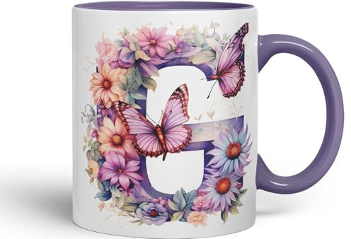 Vixar Letter G Mug, Floral Flowers Butterfly Alphabet Letter G Monogram Watercolour Ceramic Coloured Mug Cup for Tea Coffee Hot Brew 330ml 11Oz Gift (Purple)