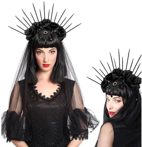 Halloween Kopfschmuck Damen Vintage Stirnband Schwarz Rose Haarband mit Schleier Hexe Zauberer Haarreif Hochzeit Gotisch Haarschmuck Cosplay Maskerade Karneval Fasching Kopfbedeckung Kostüm Zubehör