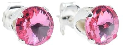 pewterhooter Women 925 Sterling Silver Crystal Stud Earrings (Brilliant Rose)