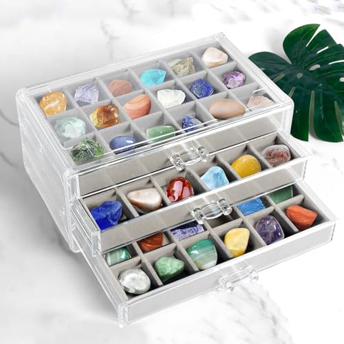 Rock Vitrine mit 3 Schubladen, Sammelbox, 54 Fächer, Schaukasten für Felsen und klare Kristalle, Aufbewahrungsbox für Kinder, 24 x 15 x 11 cm, Grau
