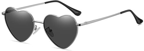 QVKUUT Vintage Herz Sonnenbrille Damen Polarisierte, Festival Herzform Sonnenbrille(Silber/Schwarz)