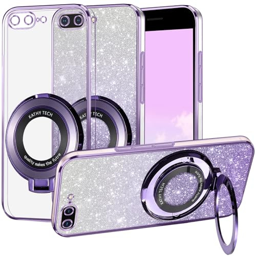 Kainevy Cover per iPhone 8 Plus Magnetica Glitter Trasparente con Anello Supporto, 2 in 1 Separabile Brillantini Silicone Custodia Antiurto Copertura Sottile Rosa per Donna Ragazze (Viola)