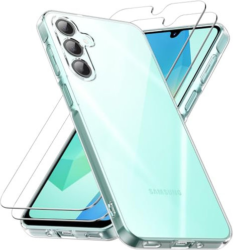 caslord Coque pour Samsung Galaxy A16 5G/4G avec 2 Verre Trempé, Anti-Jaune Étui de Protection Antichoc Anti-Rayures, Transparente TPU Silicone Bumper Case pour Galaxy A16, Transparent
