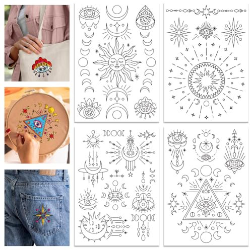 GLOBLELAND 4 Blatt 11.7x8.3 Sonnen Und Mondaugen Wasserlöslicher Stickstabilisator Stern Handnähstabilisator Selbstklebender Waschbarer Stick Und Stichstickstabilisator Für Stickanfänger