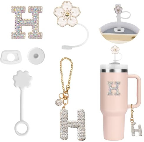 6PCS Accesorios Personalizados para Stanley Cup,Fundas de Pajitas,Decoración de Iniciales, Pegatinas de Letras,Encantos de Letras para Vaso Stanley y Ttapón Antiderrame para Stanley Cup (H)