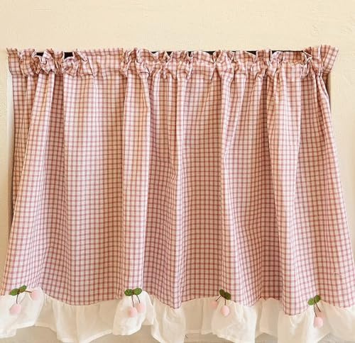 A.Monamour Pink White Plaid Check Window Curtain - Gingham Rural Farmhouse Valance Panel for Small Kitchen Café Bedroom Cabinet Door