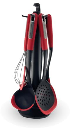 Muller Kitchen MK-1611 Juego de utensilios de cocina (7 piezas con bordes de silicona, Soporte giratorio de 360 grados, Mangos ergonómicos de goma y INOX, Para utensilios de cocina antiadherentes)