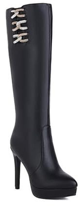 GHSIRUEU Stivali Alti al Ginocchio da Donna Plateau metà Polpaccio Stivali con Cerniera e Strass Tacco a Spillo 12CM,Nero,34 EU