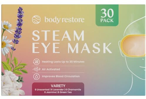 Body Restore Steam Eye Mask 30 Pack - Self Heating Warm Compress for Eyes, Relaxation Gifts, Women and Men, Disposable Heating Pad for Sleep, Dry Eyes, Spa, Travel Essentials, Self Care - Variety