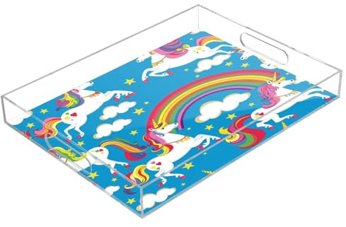 Bandejas acrílicas para servir de unicornio y arco iris, bandeja rectangular transparente con asas para servir mesa de café, cocina y baño