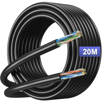 JARNHNG Cable Ethernet Cat 6 para exteriores, 20 m, cable de red LAN de alta velocidad, cable de Internet Cat 6, 1 Gbps, 250 MHz, AWG24 UTP CCA (20 m), color negro