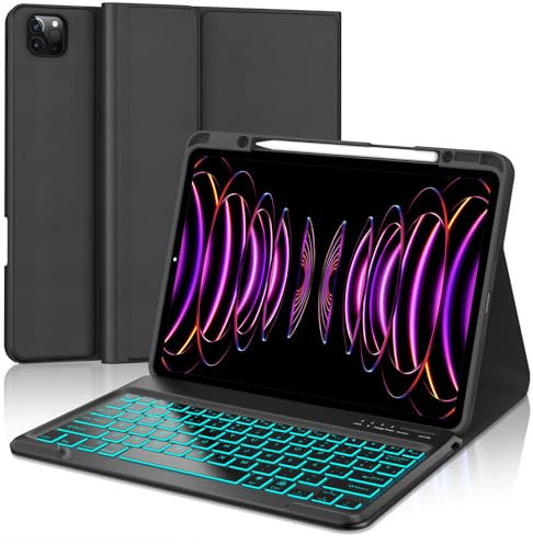 WAVATA Funda Teclado para iPad Pro 12.9'', Español Ñ Tecla para iPad Pro 12.9 Pulgadas 6/5/4/3 Generación, Teclado Bluetooth Desmontable Retroiluminado para Air 13'' 2024- Negro