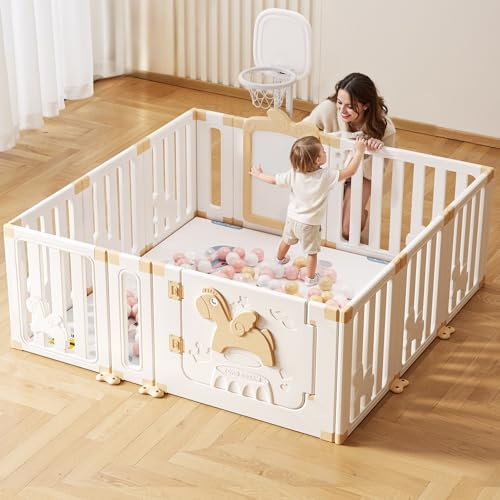 UBRAVOO Baby Laufstall mit Basketballkorb, Angel Horse Baby-Sicherheitsspielplatz mit Whiteboard und 30 bunten Bällen, für drinnen und draußen (Khaki, 12 Panel)