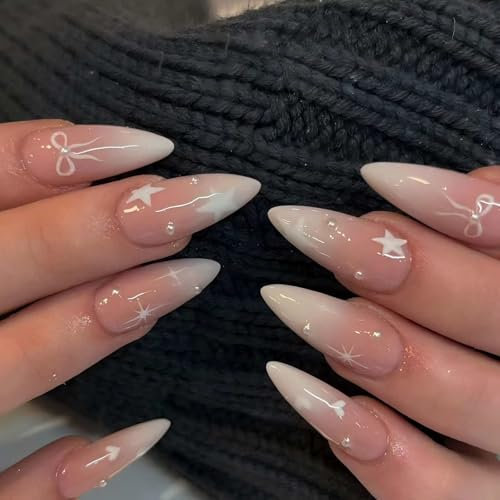 24Pcs Gradient French Nails - Long Press on Nails Almond - Nude Solid Fake Nails Almond Pattern with Starlight and Bowknot - Glossy Acrylic Nail for Women Girls Nail Art