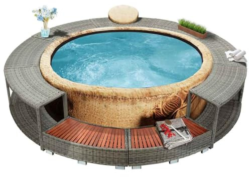 Massbinet Summer Frame Pool Whirlpool-Umrandung Grau Poly Rattan rund, Rattan-Optik